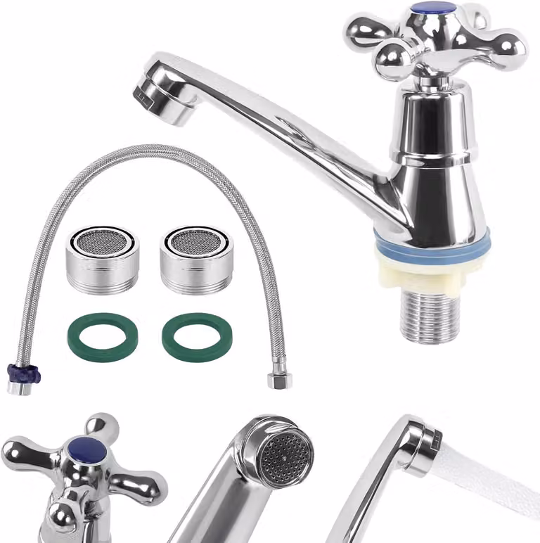Rubinetto per acqua fredda, con rivestimento in zinco, valvola in Vetroceramica, completo di due tubi per acqua fredda, adatto per cucina e bagno