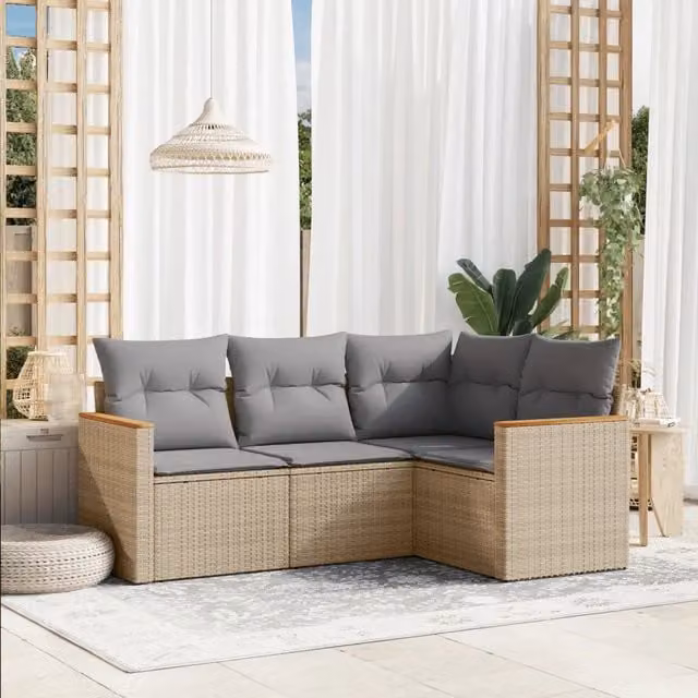 Set Divano da Giardino a L VIDAXL in Polyrattan con Cuscini Beige e Grigio