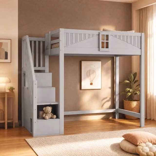 Letto a soppalco 90x200 cm in legno massello con scala reversibile e vano contenitore; grigio
