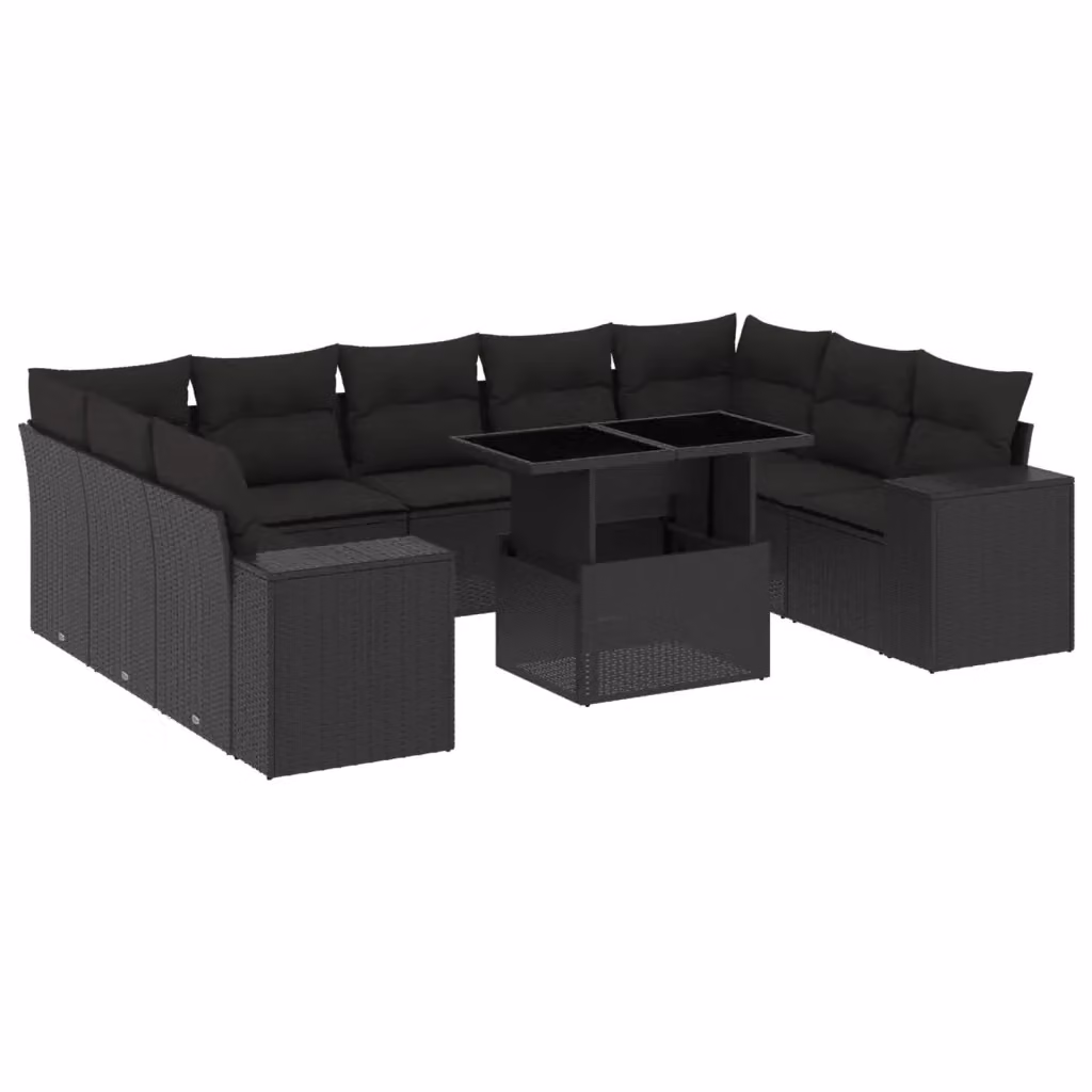 vidaXL Set Divani da Giardino a L 10 Pezzi con Cuscini e Tavolino, Polyrattan e Acciaio Nero – 2