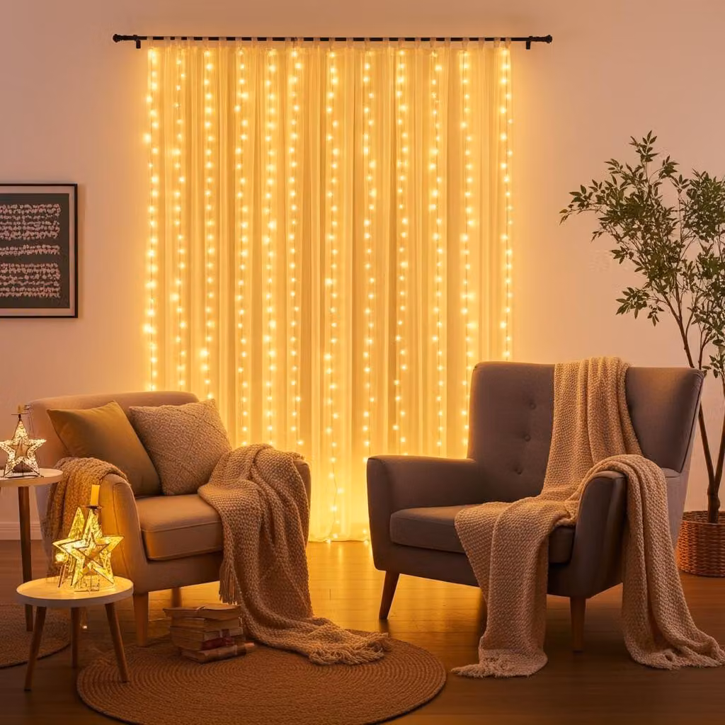 Tenda luminosa a LED elegante, con telecomando, luce bianco caldo, 200 LED, dimensioni 3x3 metri: illuminazione accogliente e decorazione romantica per camere da letto e soggiorni