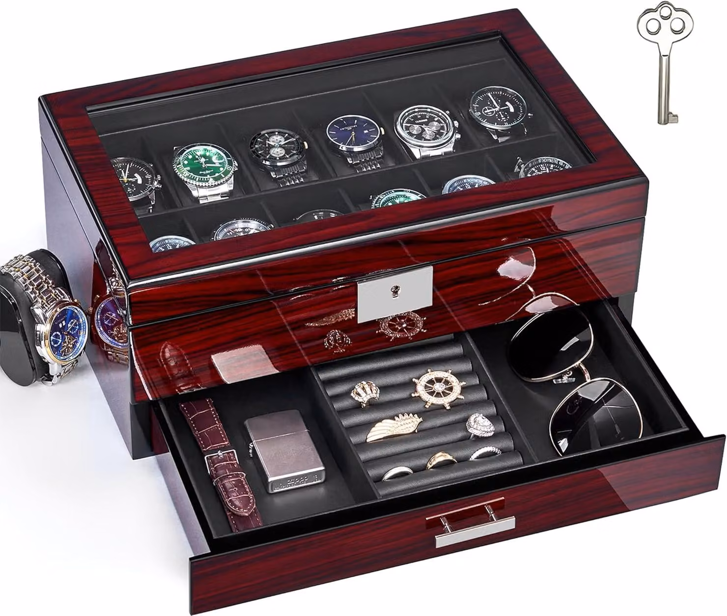 Scatola per orologi in legno, con 12 scomparti, a 2 livelli, dimensioni 34x20,3x15,2 cm, con coperchio in vetro, ideale per la conservazione