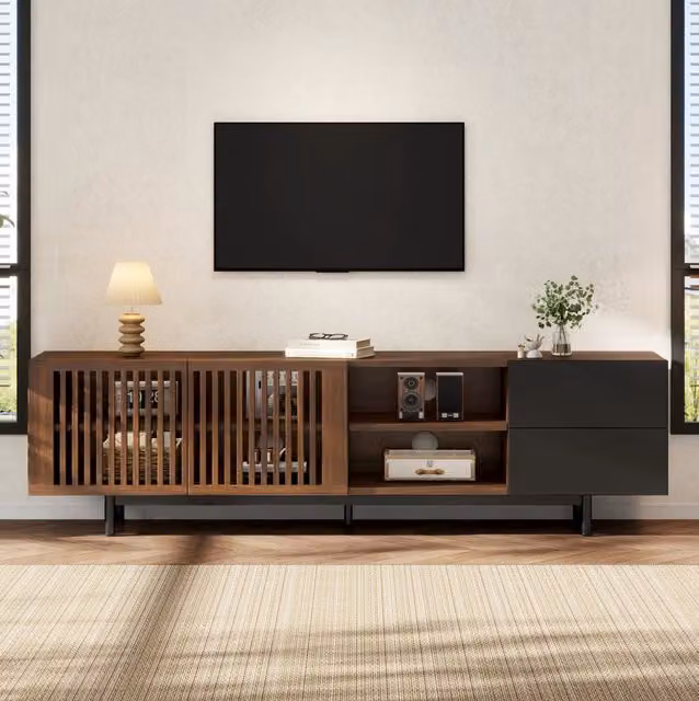 Mobile TV 160 cm in MDF effetto noce e nero con 2 ante; 2 cassetti e vani aperti