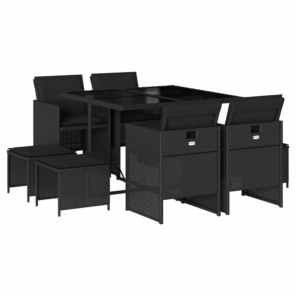 Set da Pranzo da Giardino vidaXL 9 pz in Polyrattan Nero con Cuscini e Tavolo in Vetro – 2
