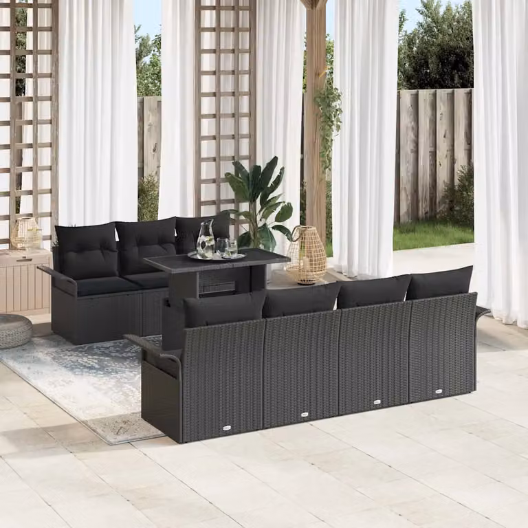 Set Divano da Giardino Moderno vidaXL 8 Pezzi Nero con Cuscini e Tavolino in Vetro
