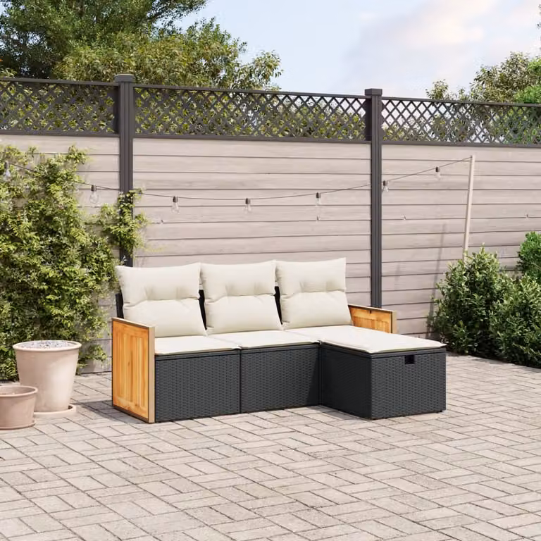 vidaXL Set Divani da Giardino a L 4 pz in Polyrattan Nero con Cuscini e Ottoman