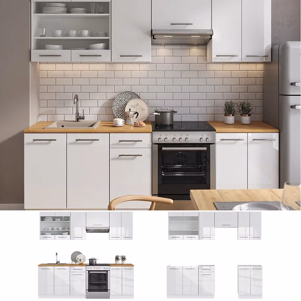Cucina componibile moderna Vicco Fame-Line Bianco lucido e Rovere, L: 240 cm – 2