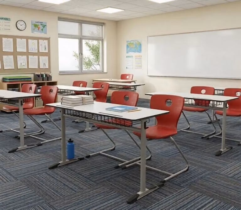 Set scolastico moderno ed ergonomico, grigio: banco rosso e sedia a due posti