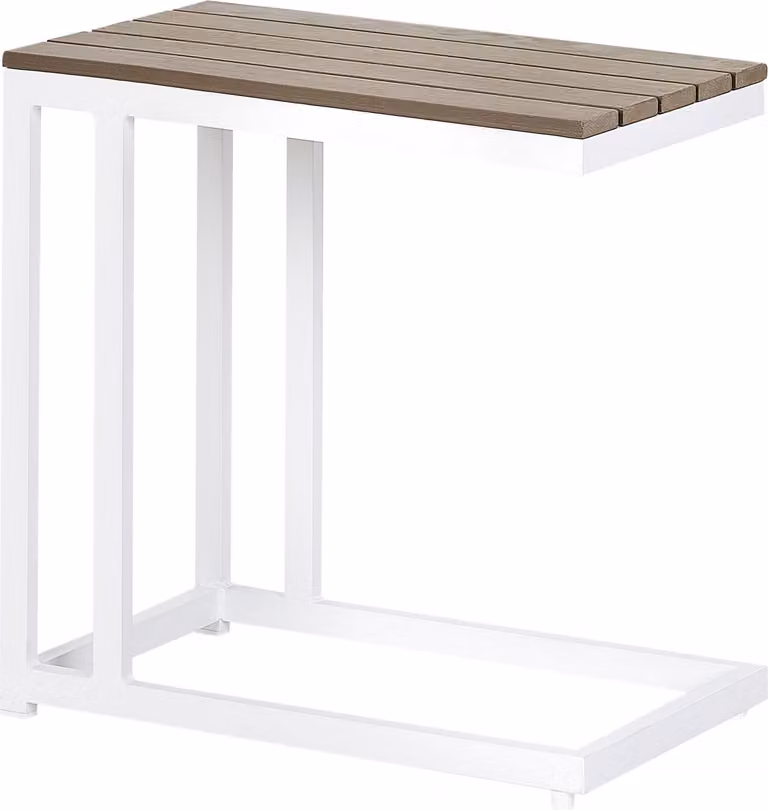 BELIANI Tavolino da giardino in legno plastico leggero con piano a doghe struttura in alluminio bianco stile moderno da esterno giardino