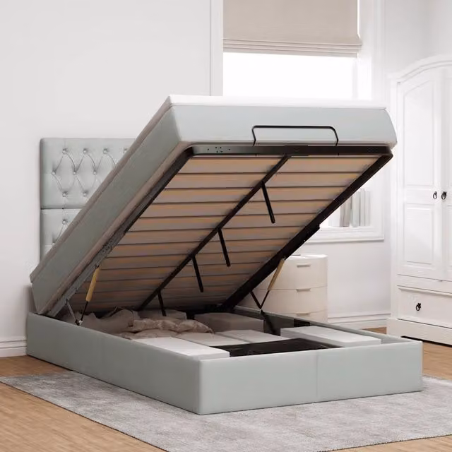Letto con contenitore a sollevamento vidaXL in velluto grigio e bianco con porte USB e illuminazione sottostante L/P/H: 203 x 120 x 128 cm