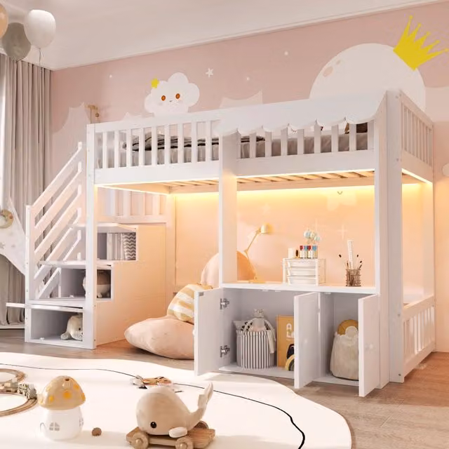 Letto a soppalco 90x200 cm con scale contenitore e luci multicolore; bianco