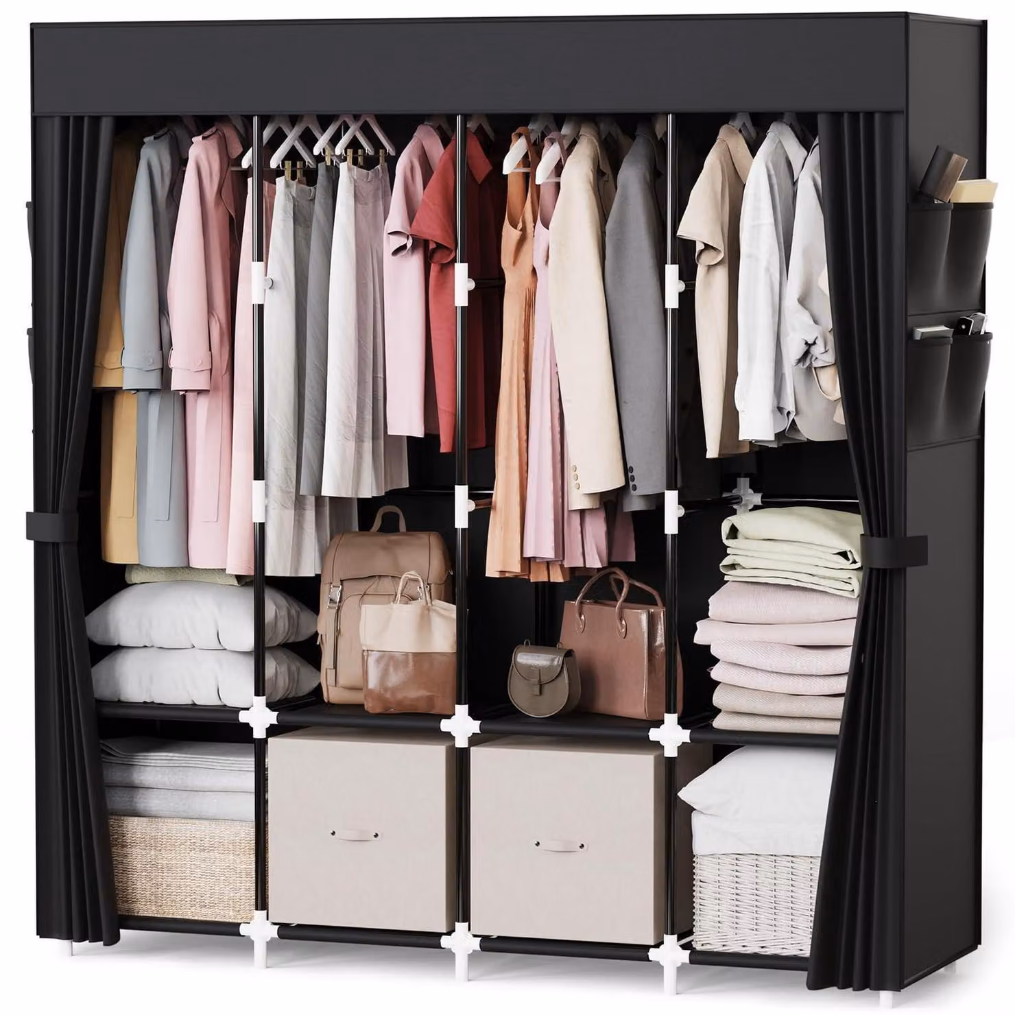 Armadio rivestito in tessuto, dimensioni 170x42x170 cm, colore nero, con 4 aste appendiabiti e 8 scomparti