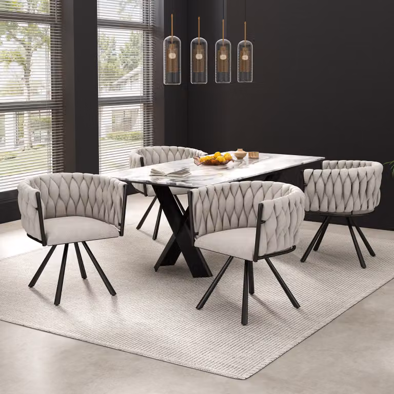 MODFU, sedia girevole, sedia da pranzo in lino, set di 4 pezzi, singola sedia girevole ideale per il soggiorno o la camera da letto, con 4 gambe in metallo, color beige e nero