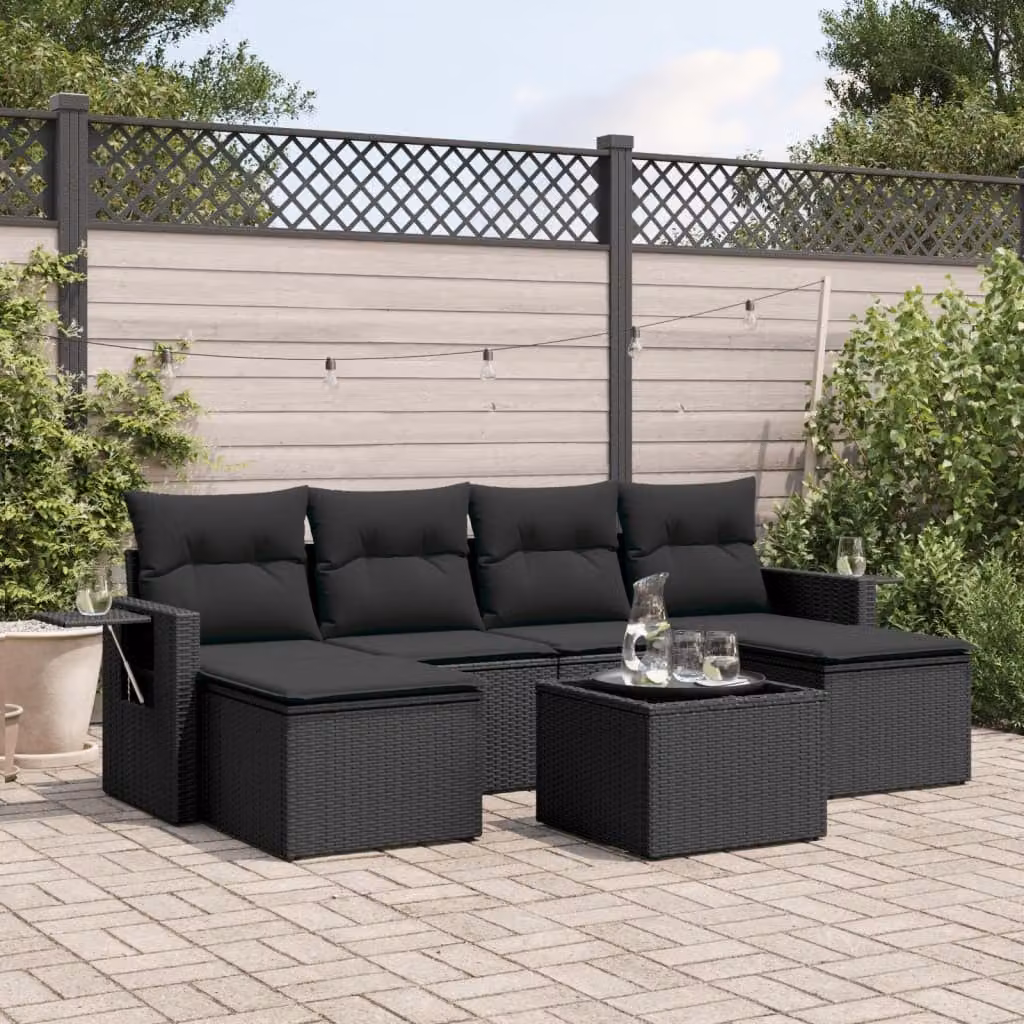 vidaXL Set Divani da Giardino a L con Polyrattan e Cuscini, 7 Pezzi, Nero – 1
