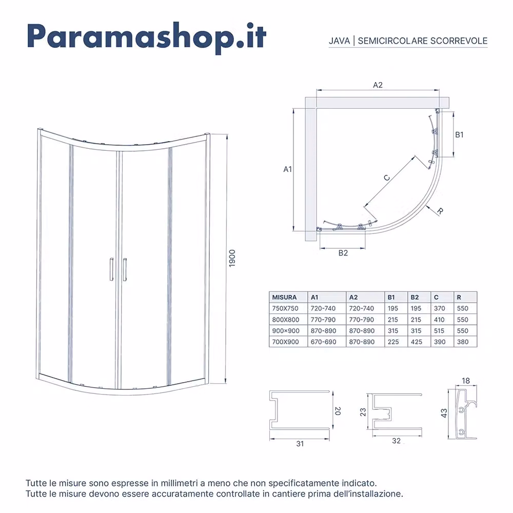 Box doccia semicircolare ad angolo Parama con apertura scorrevole in cristallo trasparente da 6 mm, L/P/H: 80 x 80 x 190 cm – 2