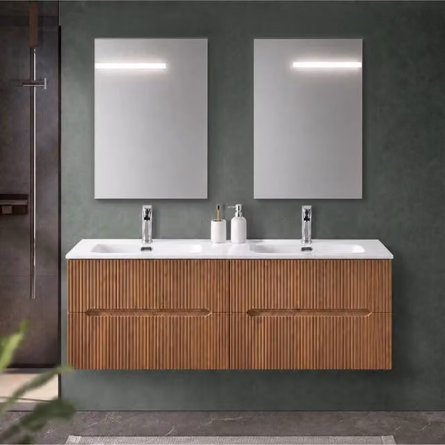 Mobile bagno sospeso 120 cm cannettato noce canaletto due cassetti e doppia vasca Bali