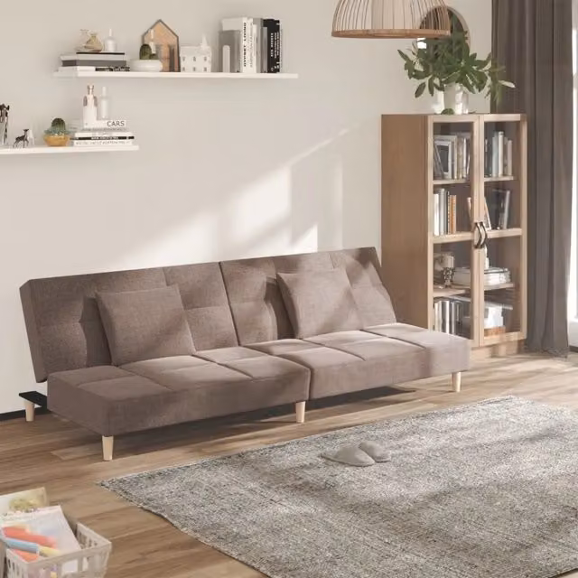 Divano Letto Click Clack vidaXL in Tessuto Beige con Cuscini e Struttura in Legno Solido per Soggiorno – 1