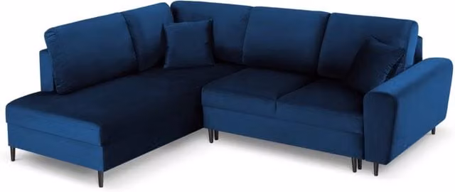 Divano convertibile angolare sinistro Kyoto di Cosmopolitan Design in velluto blu reale con contenitore, 5 posti, L 243 cm x P 115 cm x H 88 cm – 1