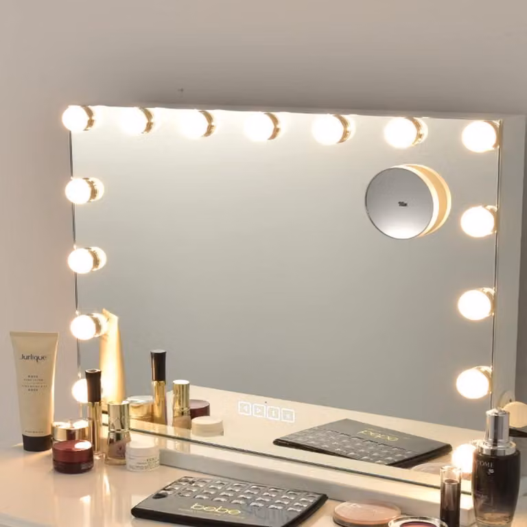 Specchio da trucco con 15 LED, 3 modalità di illuminazione, Bluetooth, USB, ingrandimento 10x, controllo touch, stile Hollywood, dimensioni 58 x 48 cm