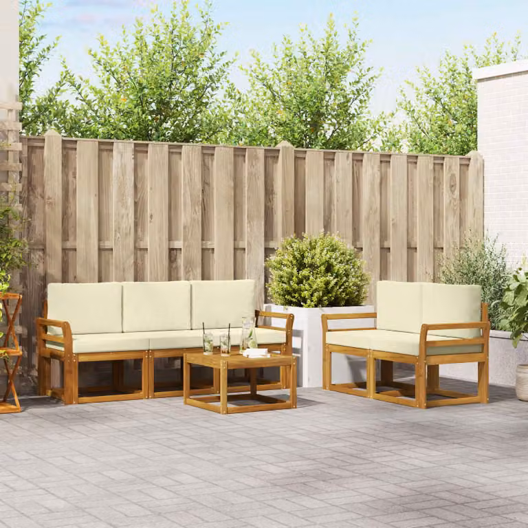 Set di divani da esterno vidaXL 6 pezzi in legno di acacia con cuscini beige e bianco