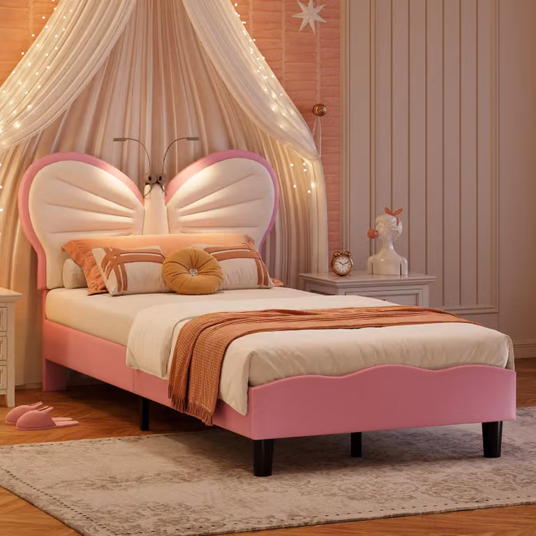 Letto imbottito 90x200 cm con altezza regolabile, testata a farfalla con lampade da lettura a LED, rivestimento in velluto, adatto a materassi da 10-15 cm, facile da montare