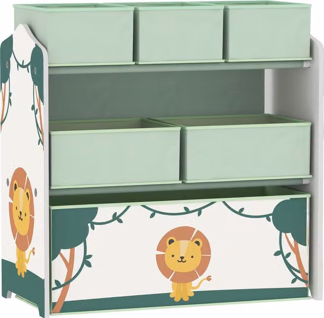 Scaffale Portagiochi AIYAPLAY per Bambini a 3 Livelli con 6 Contenitori in Tessuto Rimovibili, Mobile Verde per Camera da Letto, Soggiorno e Sala Giochi