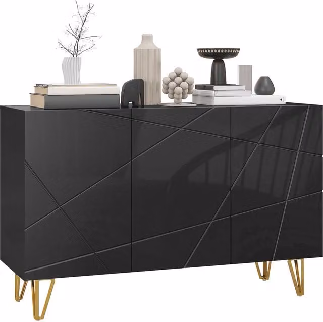 Cassettiera con 2 Ante e Ripiano Regolabile ¨C zephmum ¨C Nero e Oro 120x40x75