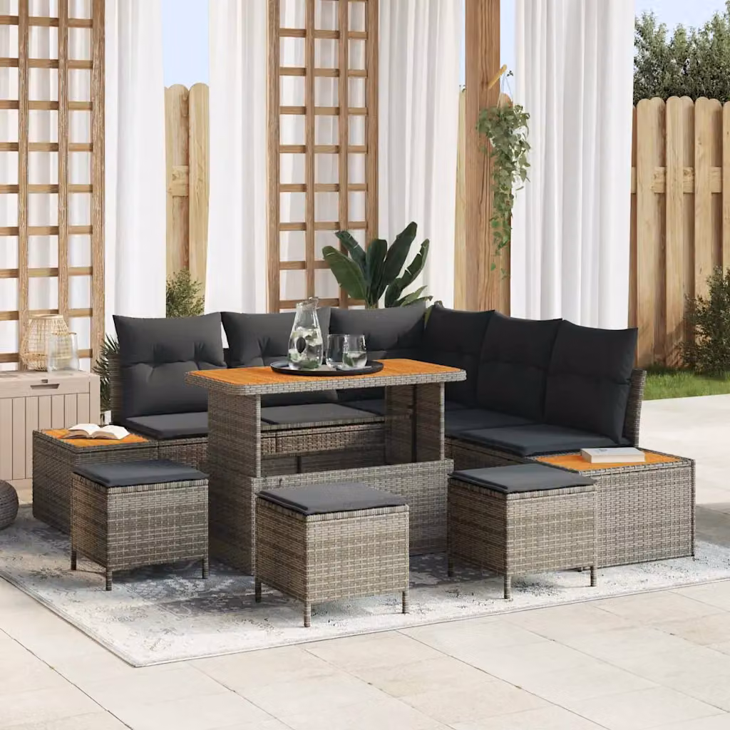 vidaXL Set Divano da Giardino 9 Pezzi in Rattan Grigio con Cuscini e Tavolino – 1