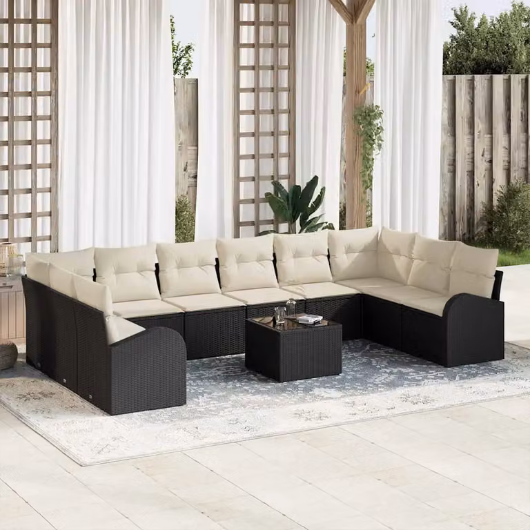 Set Divano da Giardino vidaXL 11 Pezzi a Forma di U in Polyrattan Marrone e Beige con Cuscini e Tavolino da Caffè