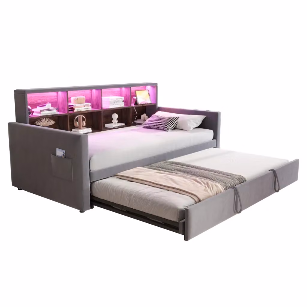 Letto Singolo Estraibile Chicfurn con Ripiani, LED e Porte USB/Tipo C, Rivestimento in Velluto Grigio, L/P: 90 x 190 cm – 2