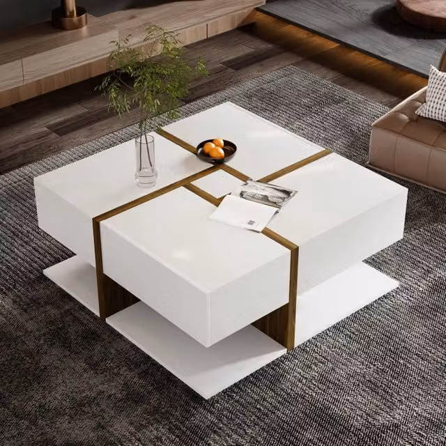 Tavolino basso fisso quadrato con 4 cassetti e ripiano inferiore in pannello truciolare bianco e legno