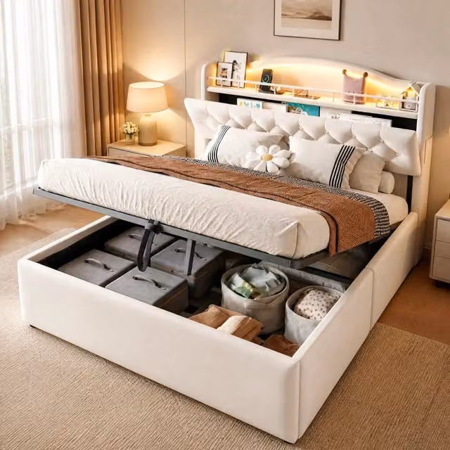 Letto contenitore 140 × 200 cm con sollevamento idraulico, USB e USB-C, vano testiera, senza materasso, beige
