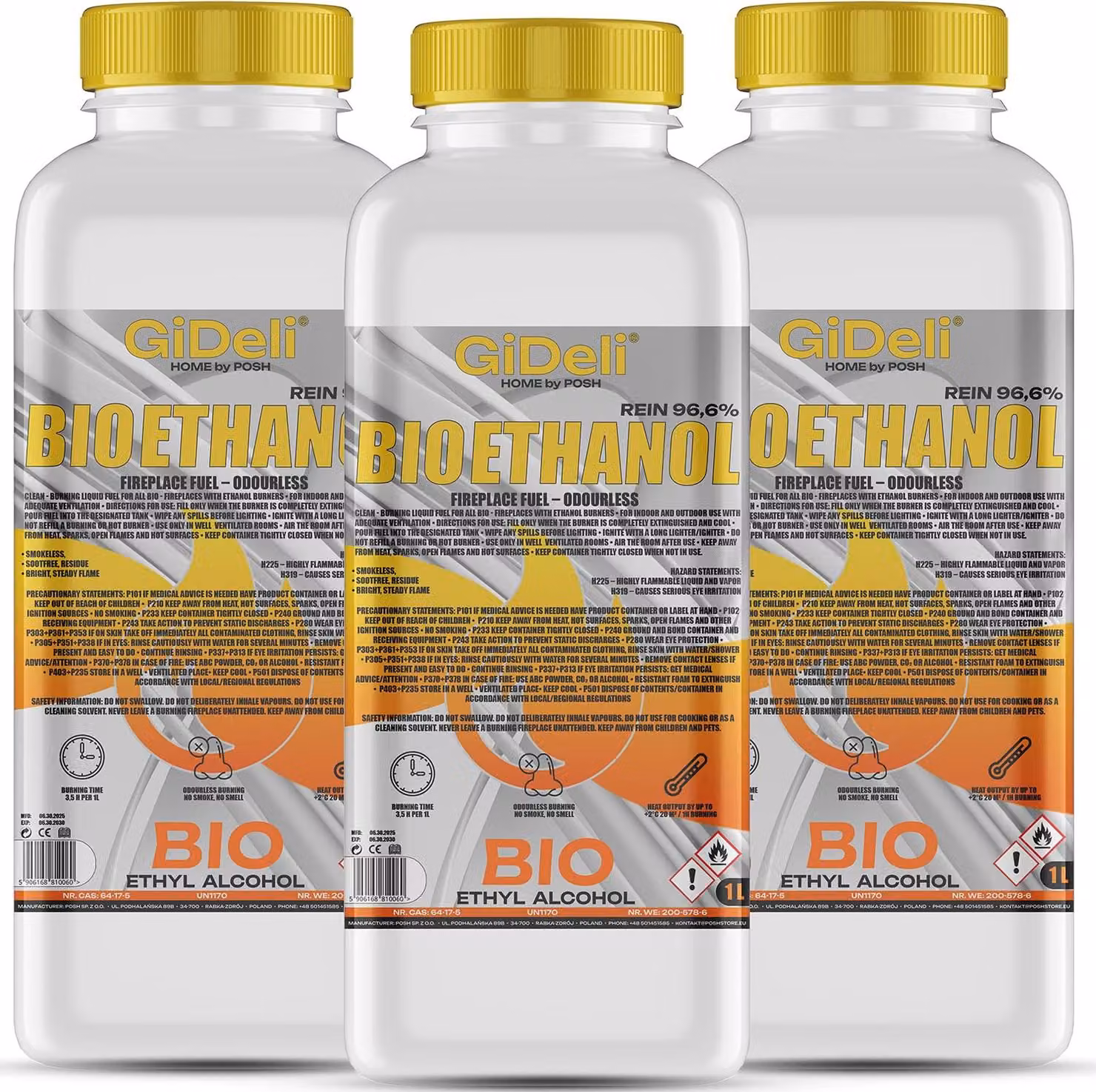 Bioetanolo inodore 96,6% 3L per caminetti universali Senza fumo e senza fuliggine GiDeli