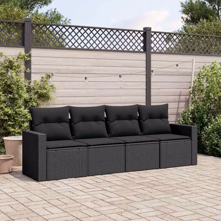 Set di divani da giardino vidaXL in 4 pezzi con cuscini neri in polyrattan e struttura in metallo