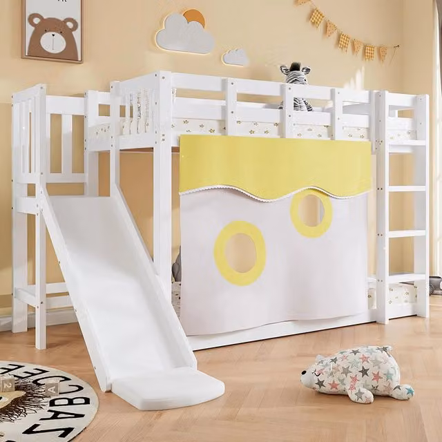 Letto a castello-Xylo-90x200cm scala barriere tenda scivolo pino+MDF