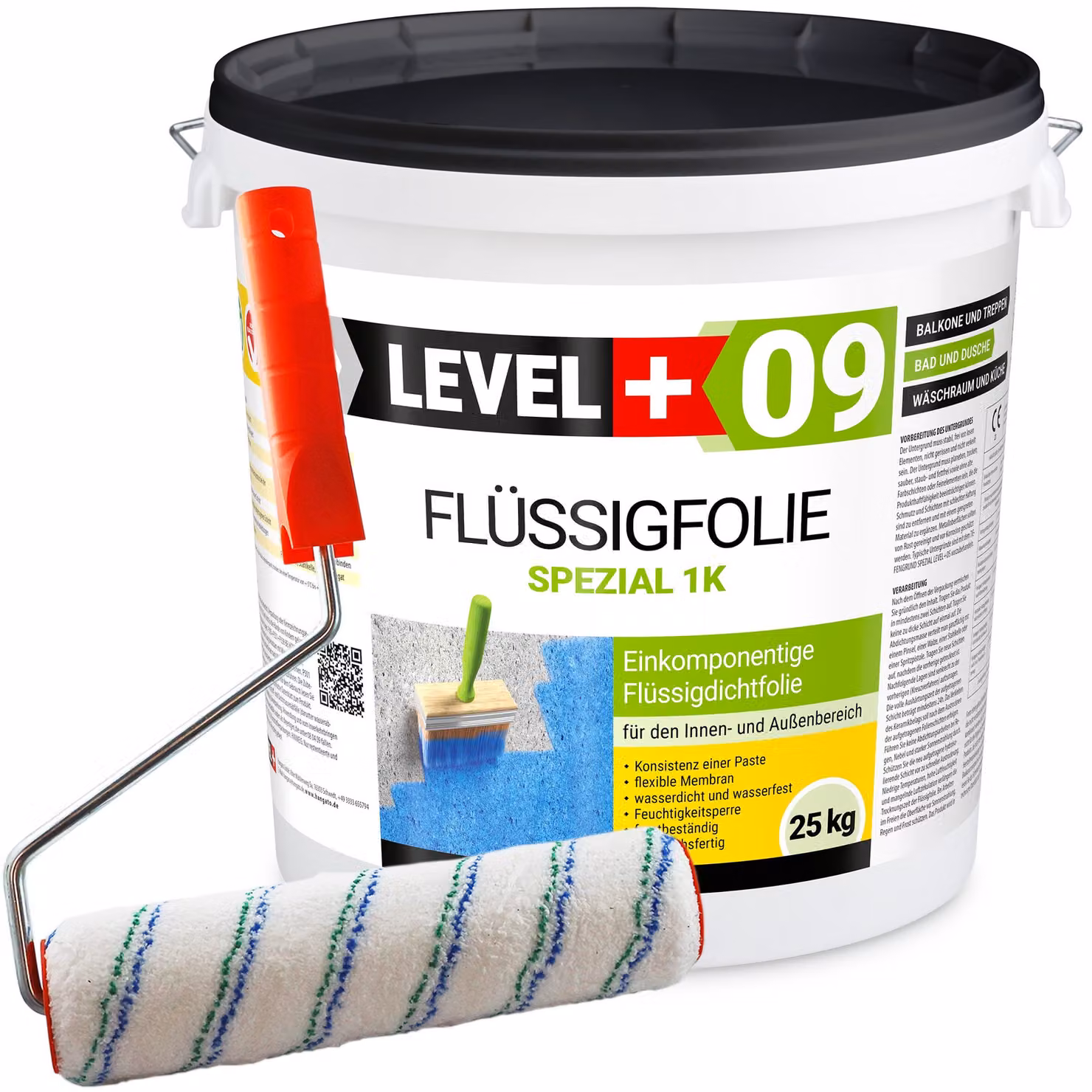 Set di rulli da pittura 25 cm + Membrana impermeabilizzante liquida flessibile Balcone Bagno 25 kg LEVEL PLUS 09