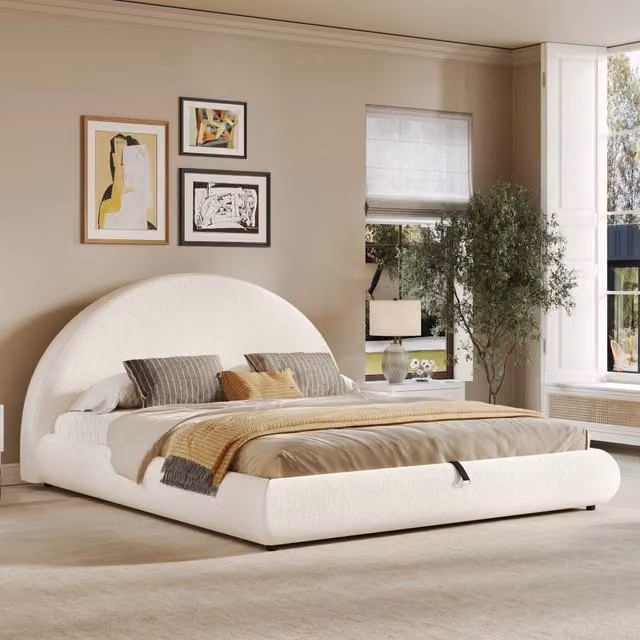Letto matrimoniale contenitore 160 × 200 cm in bouclé bianco con rete a doghe testiera imbottita e sollevamento idraulico