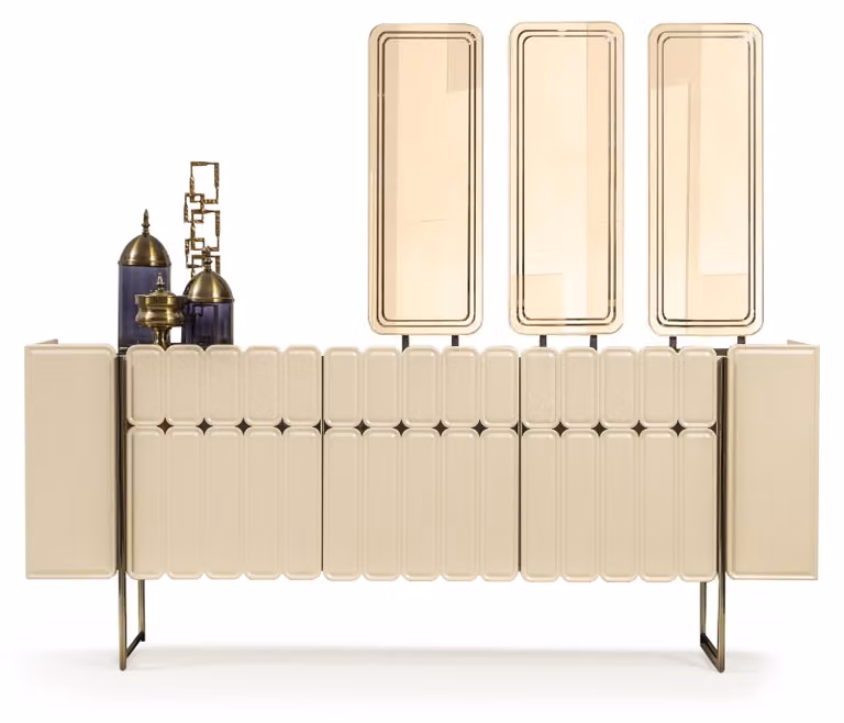 Credenza beige moderna mobile contenitore, specchio, carrello bar, ideale per la sala da pranzo, elegante