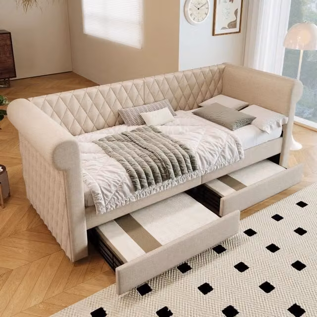 Letto divano singolo 90 × 200 cm con 2 cassetti, braccioli curvi e schienale, senza materasso, in lino beige