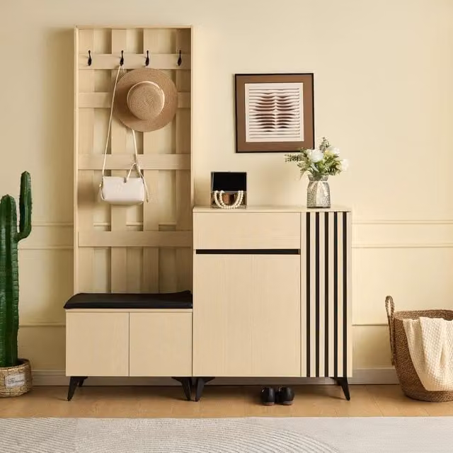 Set di mobili da ingresso con panca imbottita; appendiabiti e scarpiera con cassetto in MDF effetto legno chiaro