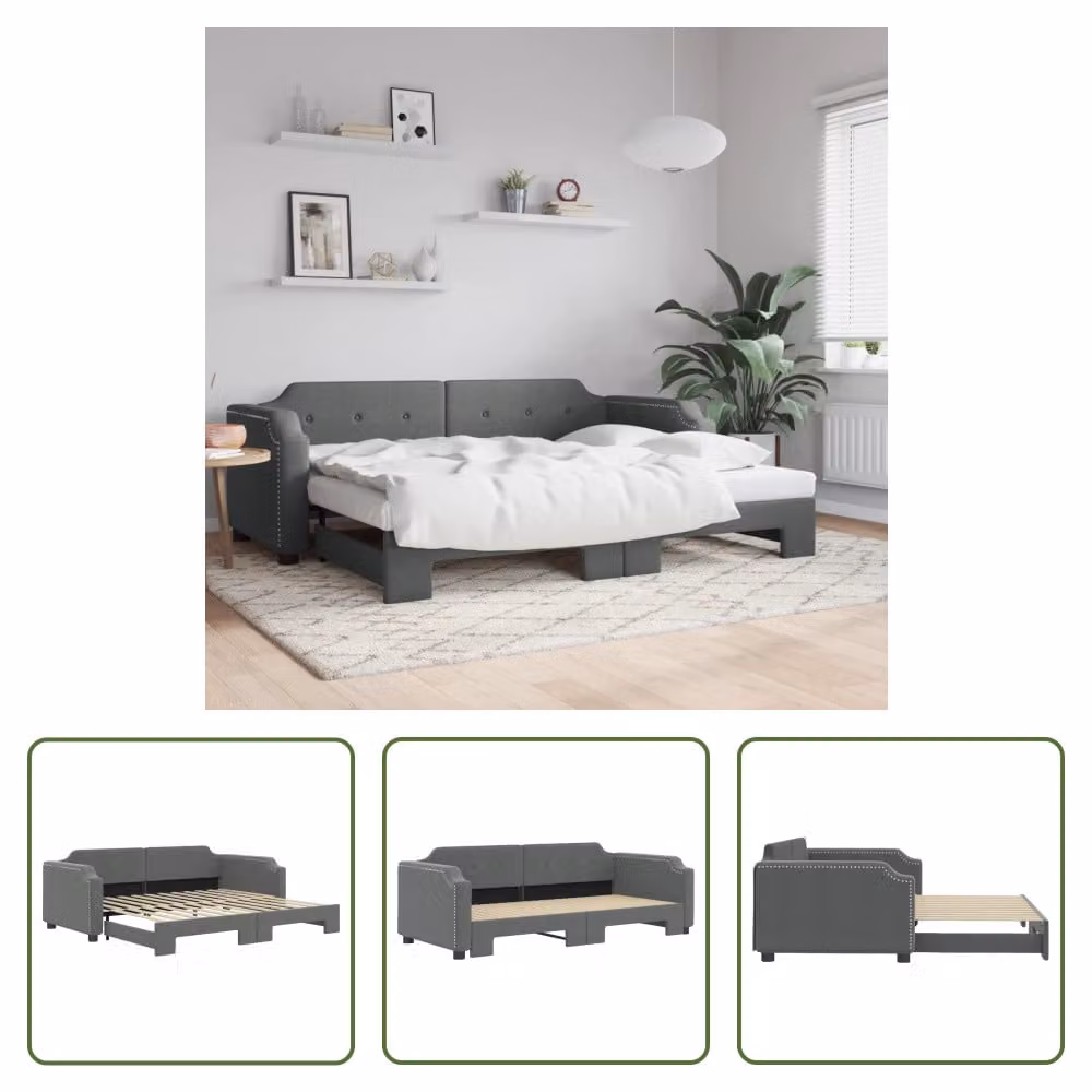 The Living Store letto da giorno allungabile grigio scuro 100x200 cm in tessuto
