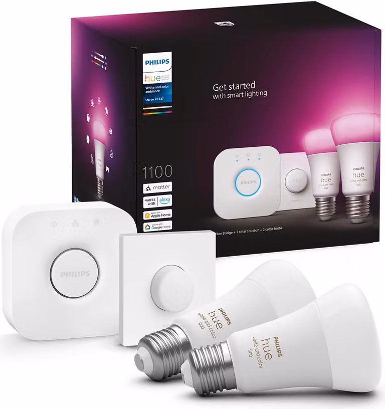 Kit di illuminazione intelligente Philips Hue White and Color ambiance: 2 lampadine intelligenti con attacco E27 (1100 lumen) + pulsante intelligente. Kit di illuminazione intelligente, Bluetooth/Zigbee, bianco, LED, attacco E27, A60
