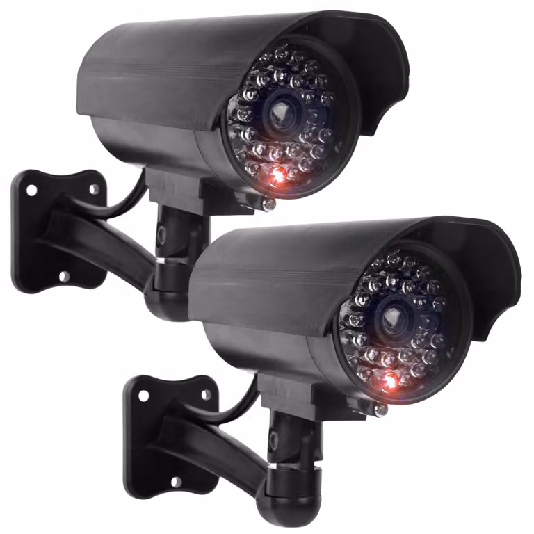 2 telecamere finte per esterni, con LED lampeggiante di colore rosso e adesivi di avvertimento