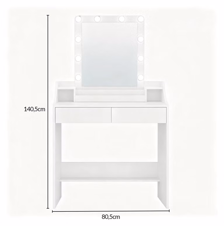 Tavolino da trucco - Tavolino per cosmetici - Illuminazione a LED - Intensità regolabile - Specchio - 2 cassetti - 3 scomparti aperti - 40 x 80 x 140 cm
