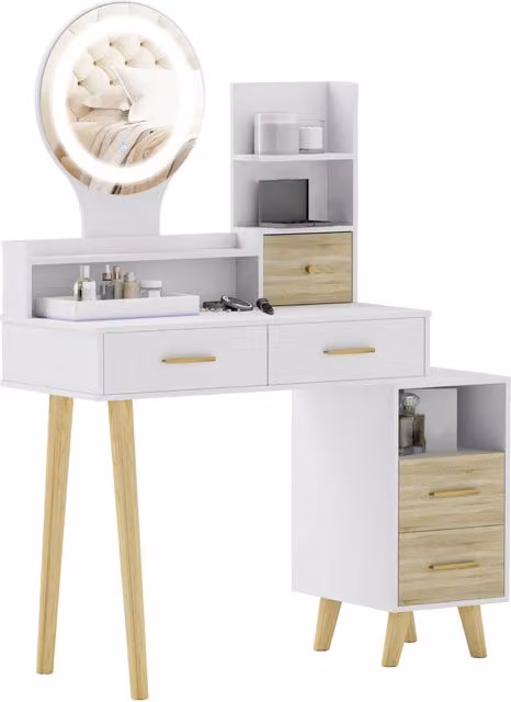 Cassettiera Minimal con Specchio e Luci LED Bianco e Naturale L: 100 cm, P: 44 cm, H: 137 cm