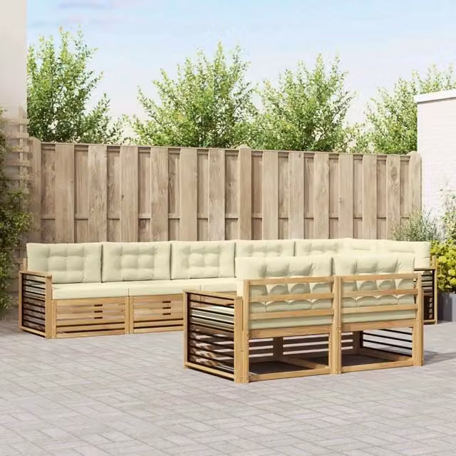 Set di divani da esterno a L vidaXL in legno di acacia con 8 pezzi, colore bianco e beige, con cuscini inclusi e tessuto resistente ai raggi UV