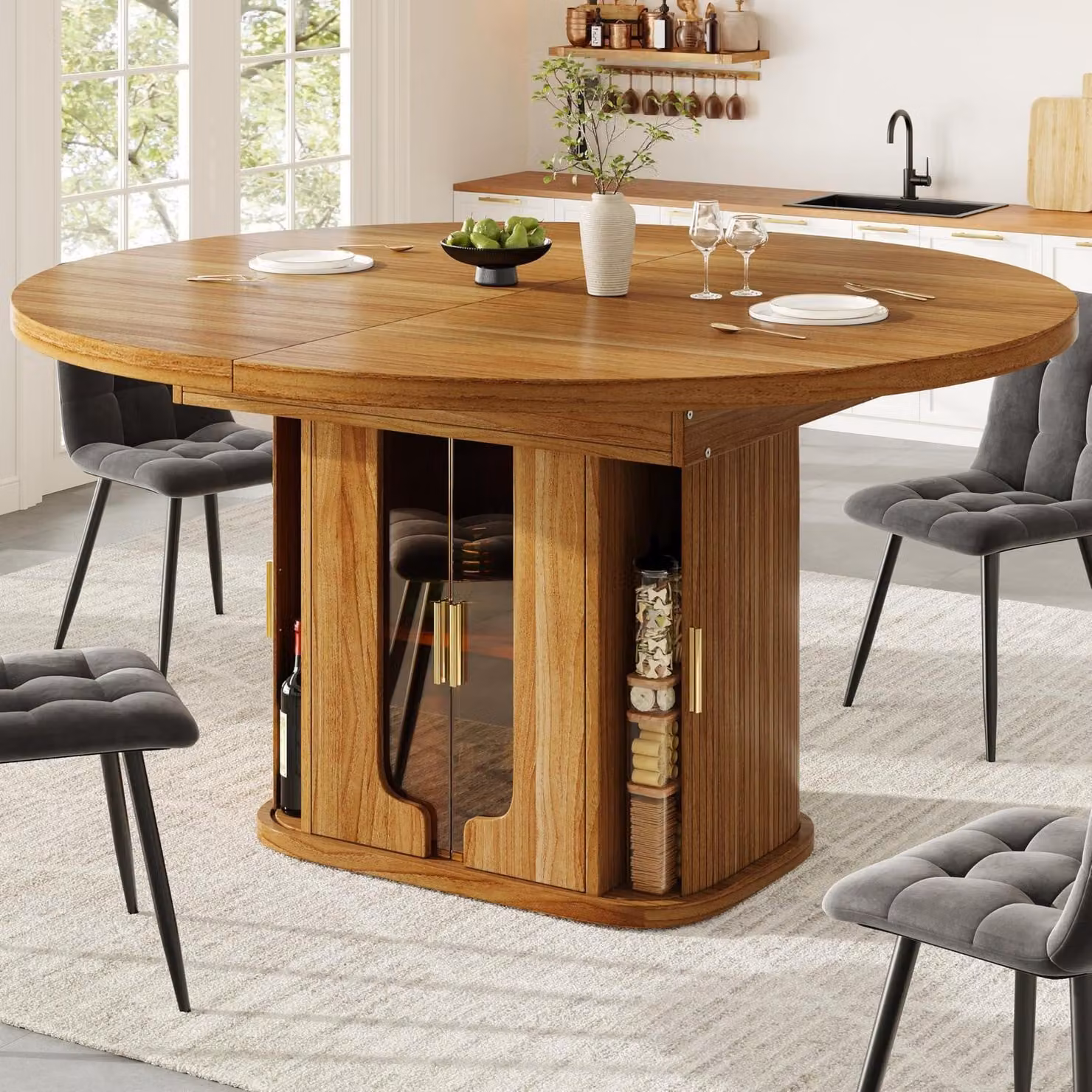 Tavolo allungabile rotondo, trasformabile in ovale, con diametro da 118 a 158 cm, in legno di noce, per un massimo di 6 persone