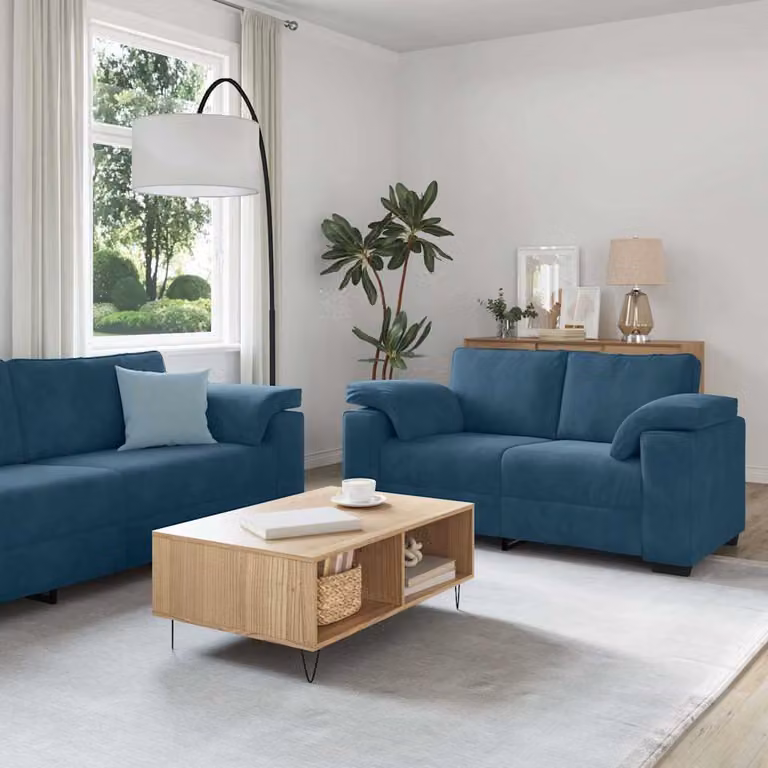 Set di divani vidaXL in velluto blu composto da un divano a 3 posti e un divano a 2 posti con cuscini coordinati e design moderno