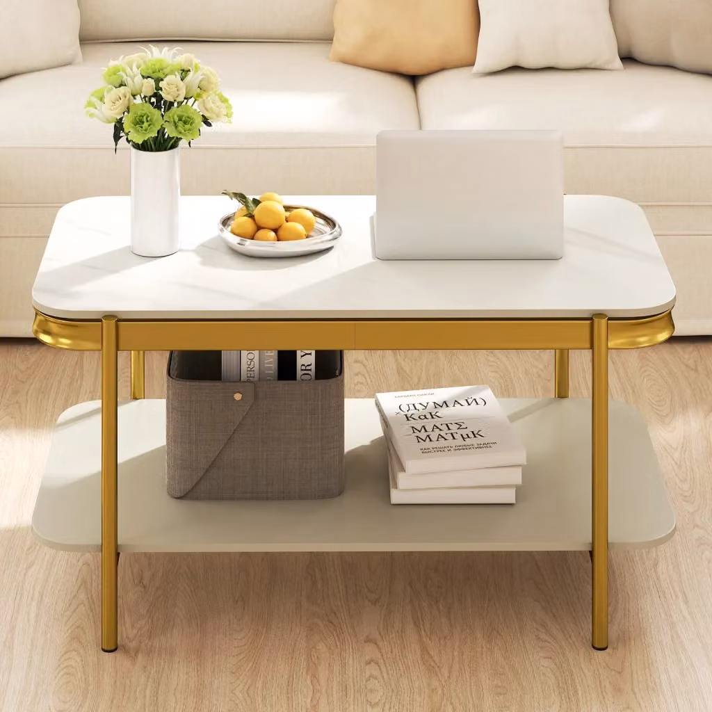 Tavolino da caffè rettangolare moderno con 2 livelli in pietra e metallo, design funzionale bianco e oro per soggiorno – 2