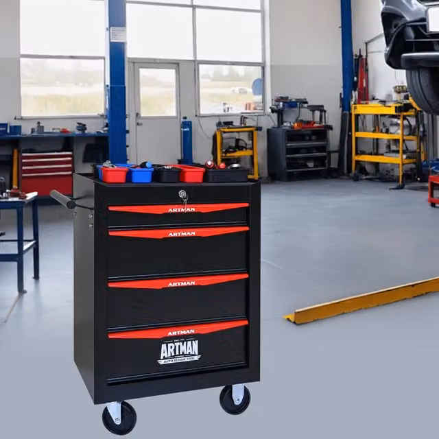 Carrello porta attrezzi REDOM con 4 cassetti in acciaio, colore nero e rosso, L: 60 cm, P: 33 cm, H: 77,5 cm – 1